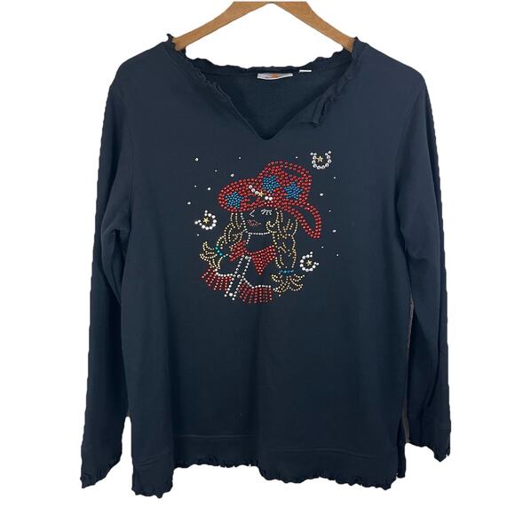 Quaker Factory Rhinestone Cowgirl Sweatshirt Womens M Medium Lettuce Trim - Picture 1 of 6